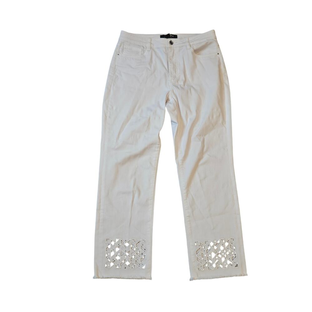 Joseph Ribkoff Straight Fit Cropped Jeans white sz 10 fray rhinestone blazer cut